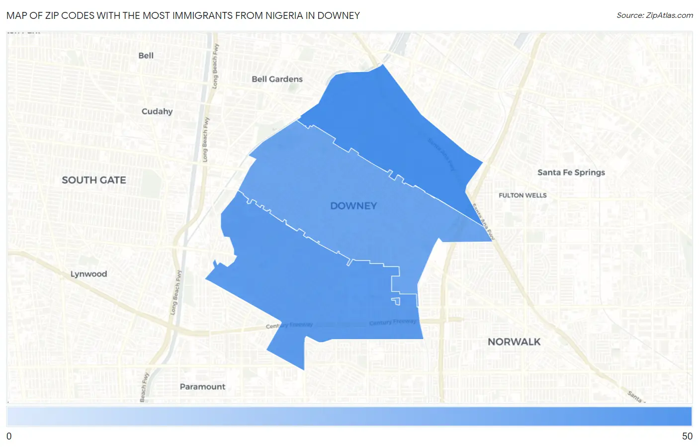 Zip Codes with the Most Immigrants from Nigeria in Downey Map