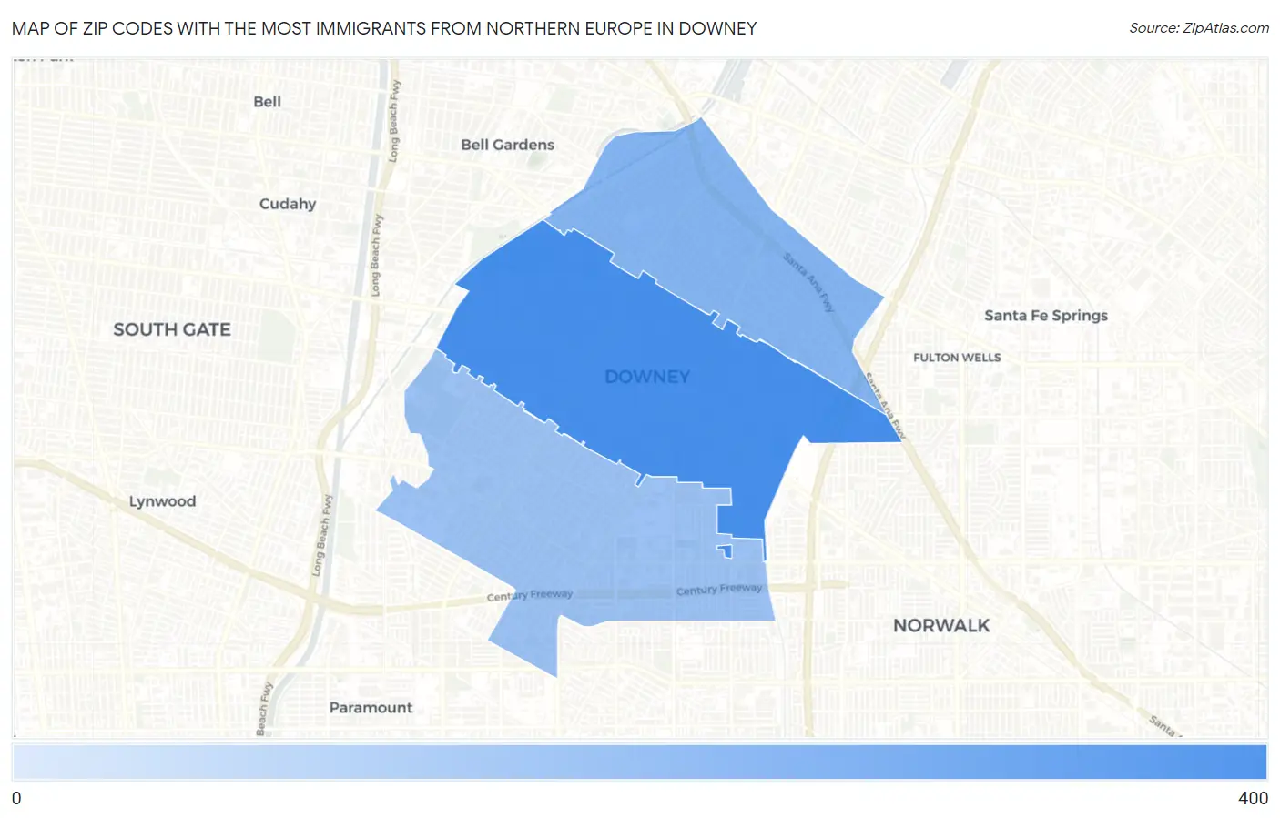 Zip Codes with the Most Immigrants from Northern Europe in Downey Map