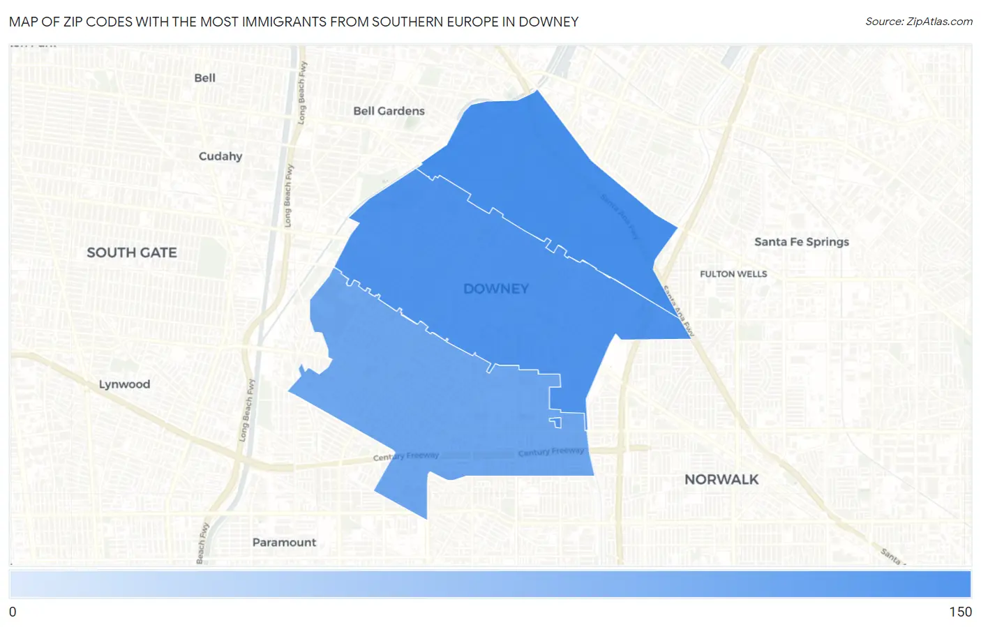 Zip Codes with the Most Immigrants from Southern Europe in Downey Map