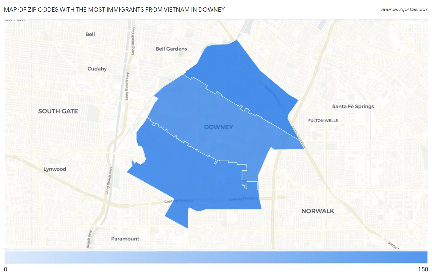Zip Codes with the Most Immigrants from Vietnam in Downey Map