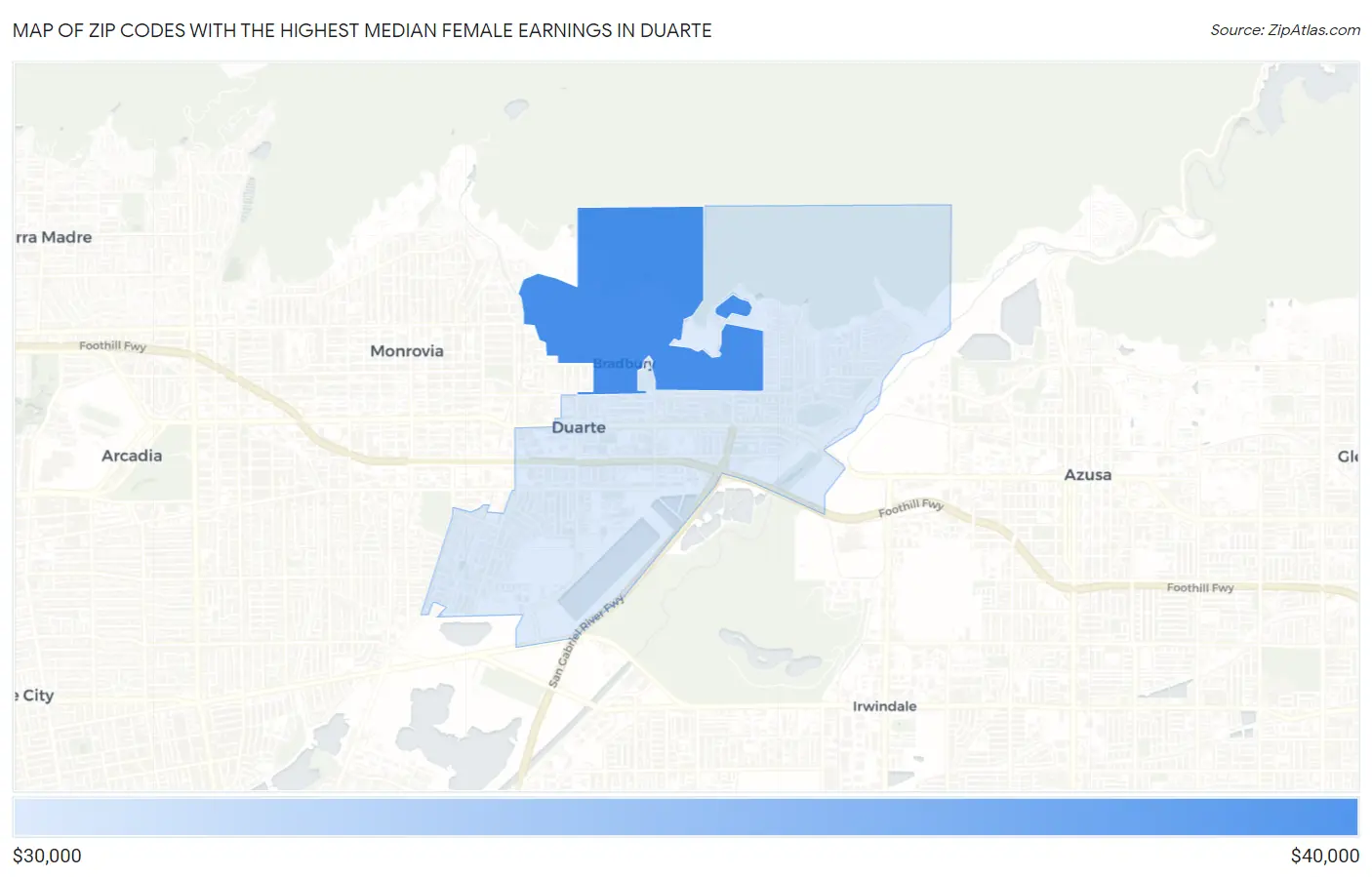 Zip Codes with the Highest Median Female Earnings in Duarte Map