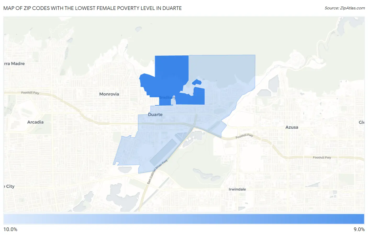 Zip Codes with the Lowest Female Poverty Level in Duarte Map