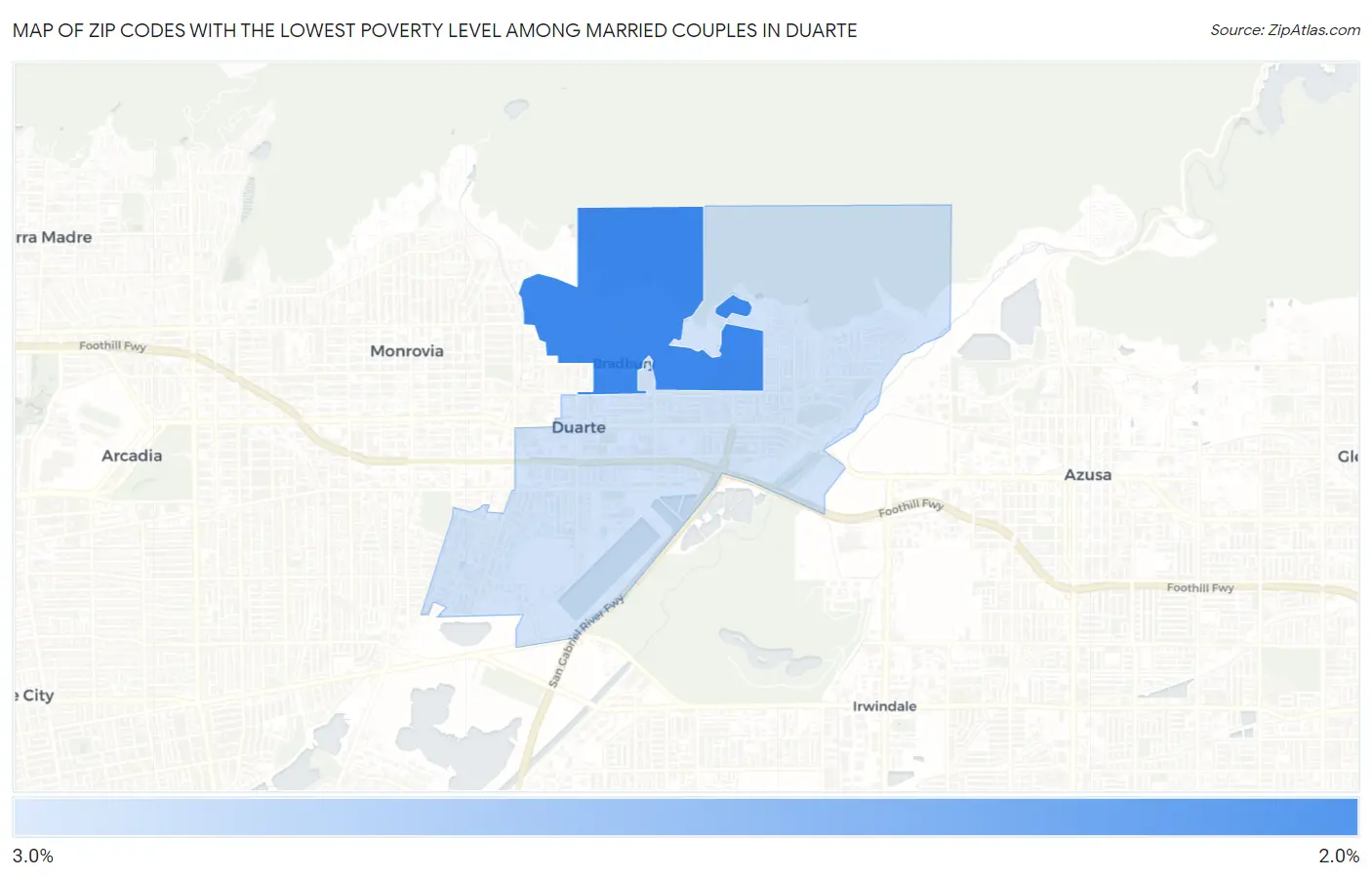 Zip Codes with the Lowest Poverty Level Among Married Couples in Duarte Map
