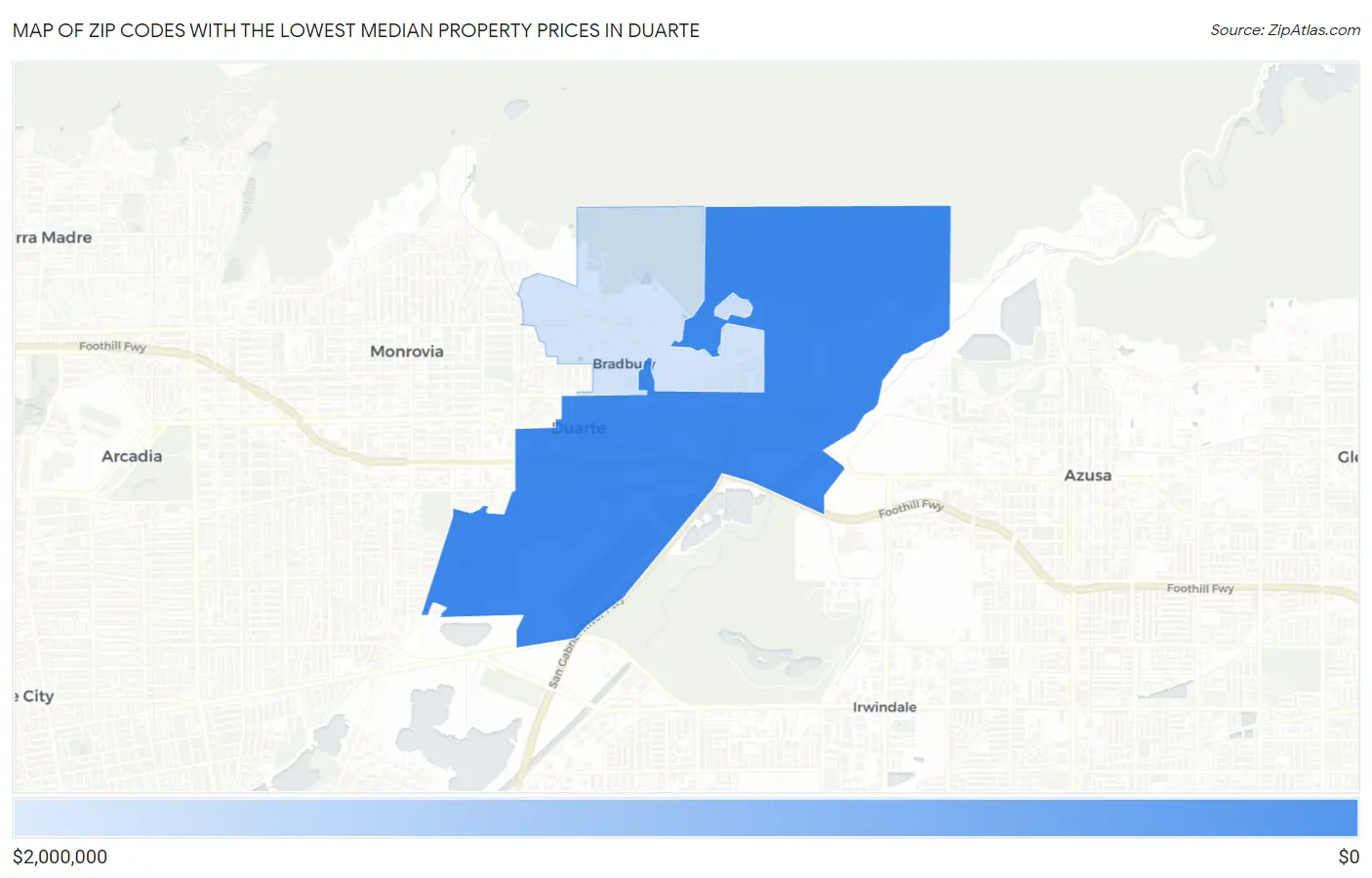 Zip Codes with the Lowest Median Property Prices in Duarte Map