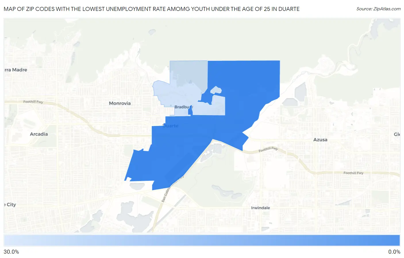 Zip Codes with the Lowest Unemployment Rate Amomg Youth Under the Age of 25 in Duarte Map