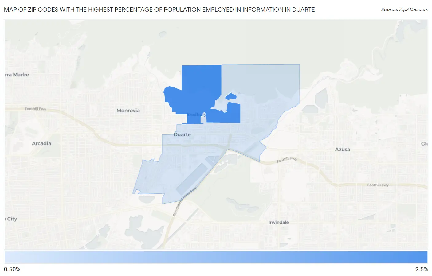 Zip Codes with the Highest Percentage of Population Employed in Information in Duarte Map