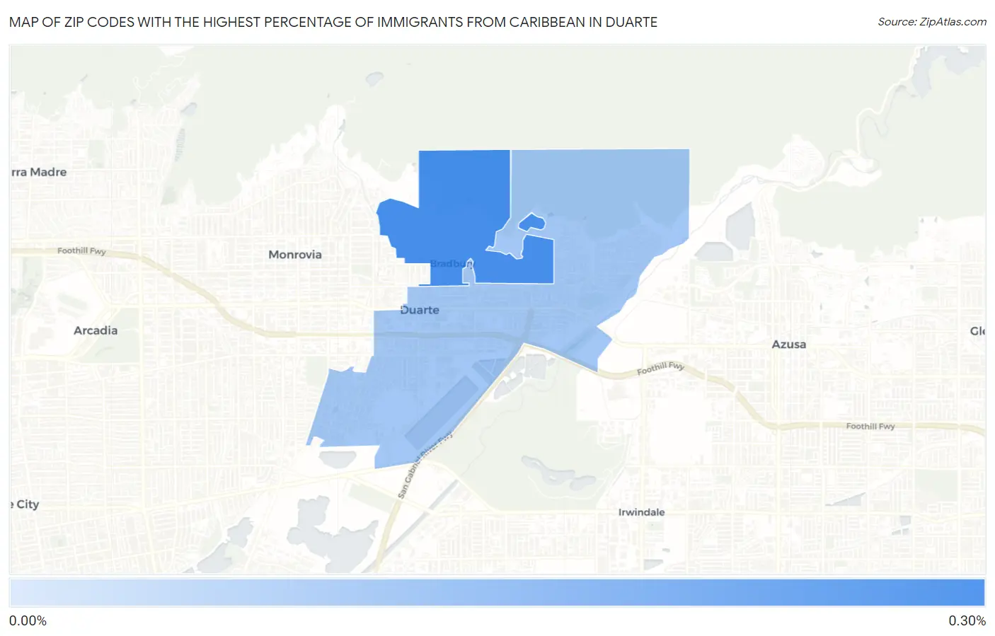 Zip Codes with the Highest Percentage of Immigrants from Caribbean in Duarte Map