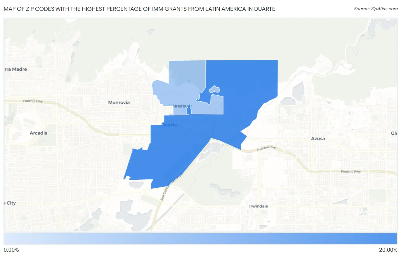 Zip Codes with the Highest Percentage of Immigrants from Latin America in Duarte Map