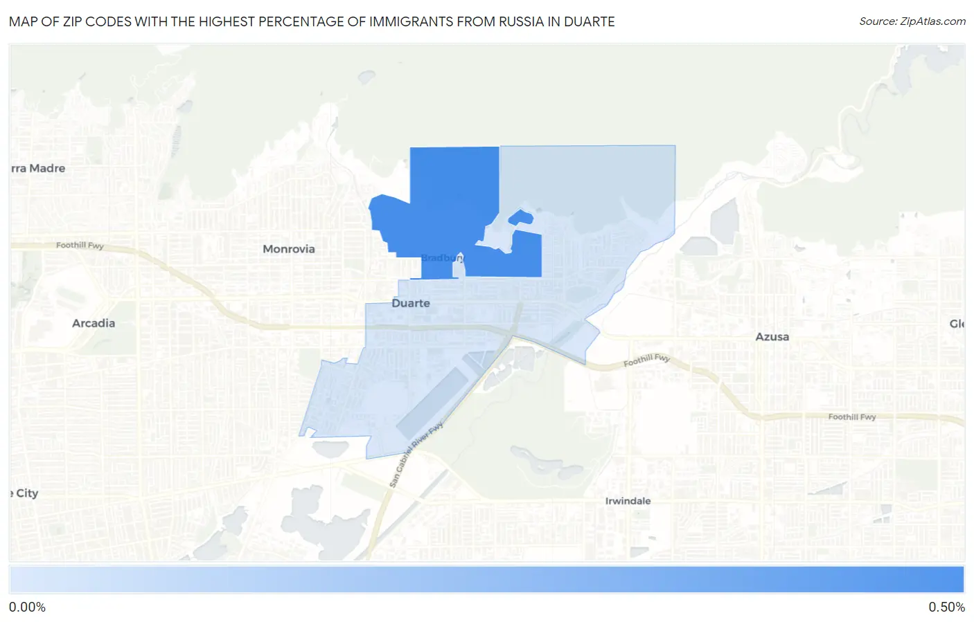 Zip Codes with the Highest Percentage of Immigrants from Russia in Duarte Map