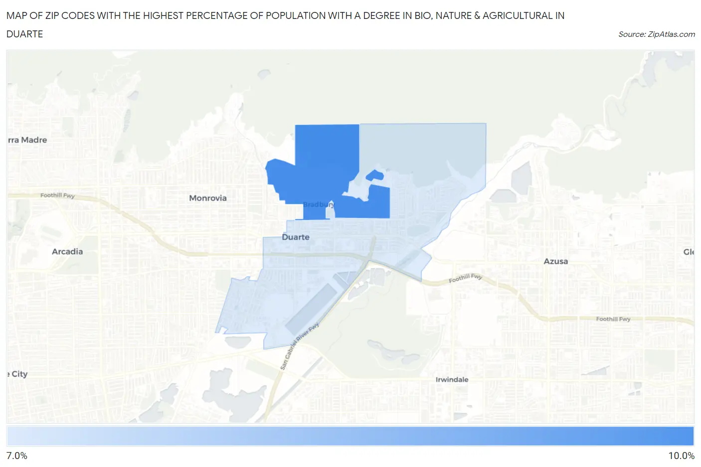 Zip Codes with the Highest Percentage of Population with a Degree in Bio, Nature & Agricultural in Duarte Map