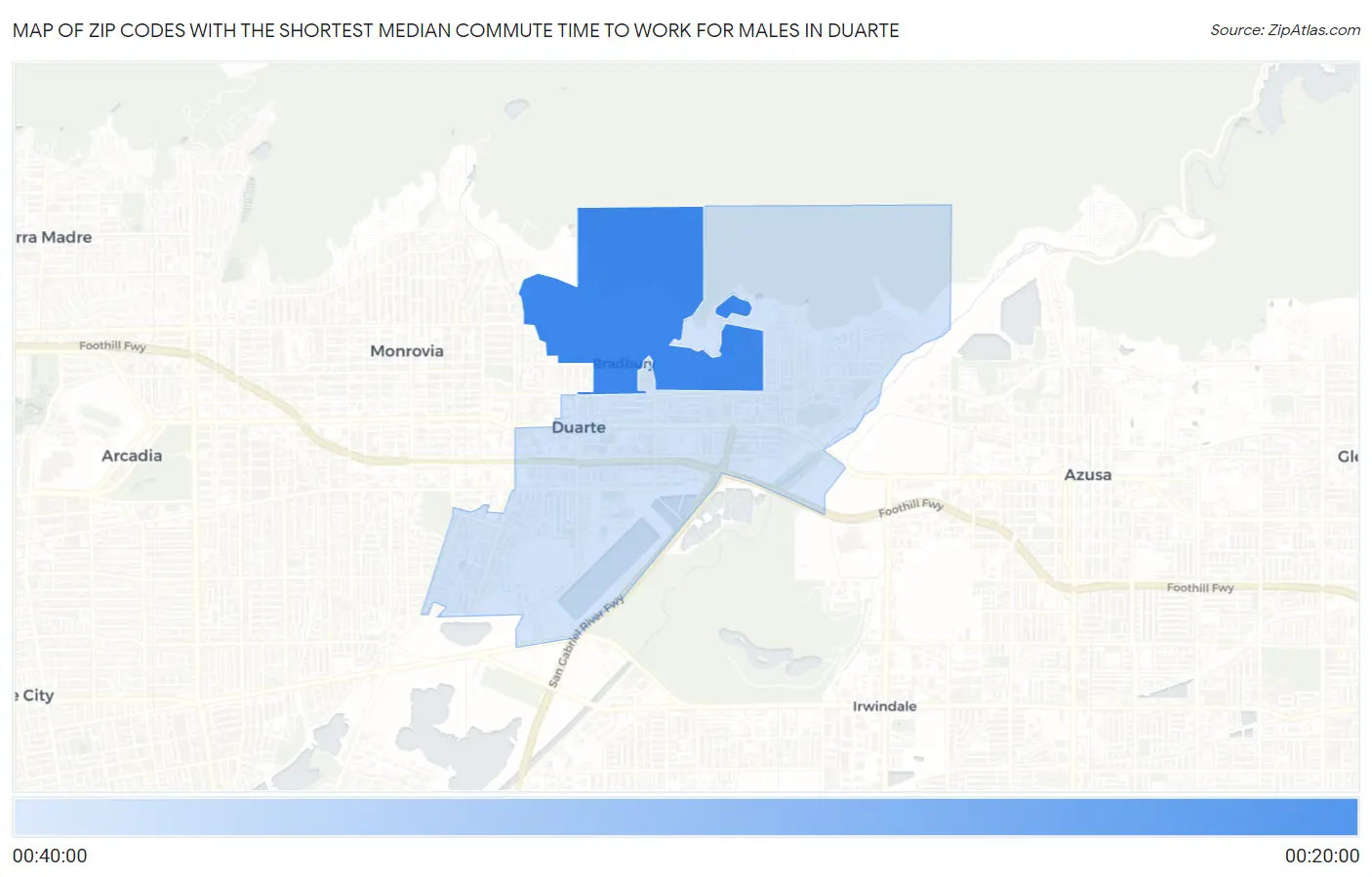 Zip Codes with the Shortest Median Commute Time to Work for Males in Duarte Map