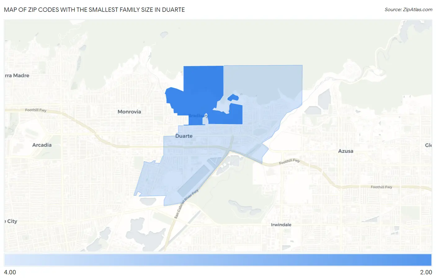 Zip Codes with the Smallest Family Size in Duarte Map