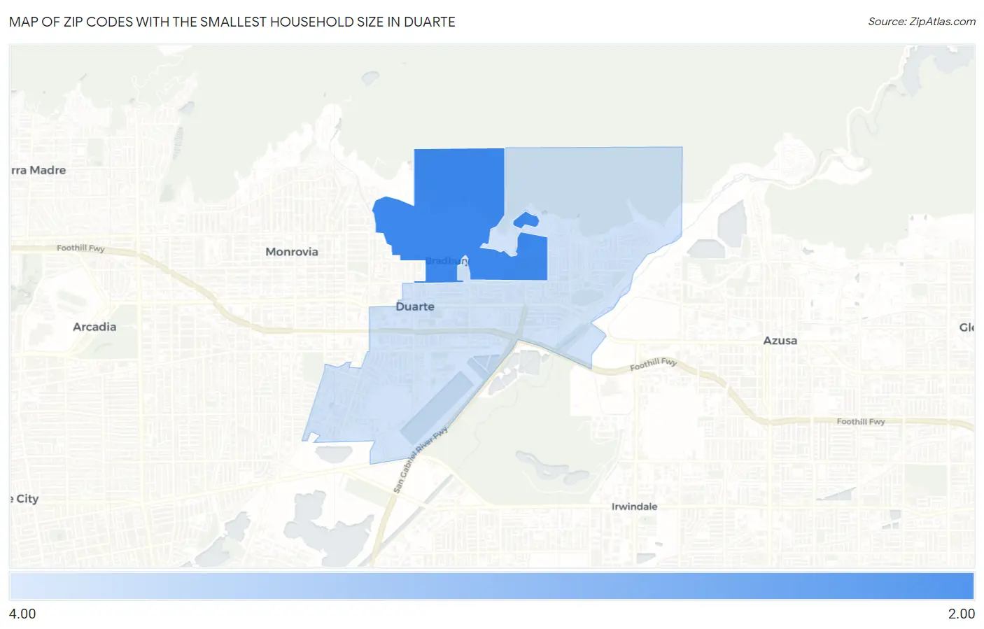 Zip Codes with the Smallest Household Size in Duarte Map