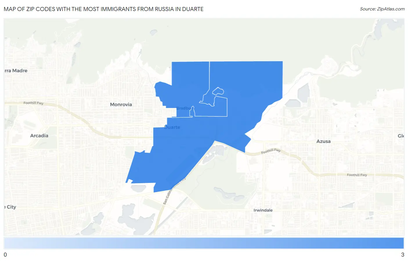 Zip Codes with the Most Immigrants from Russia in Duarte Map