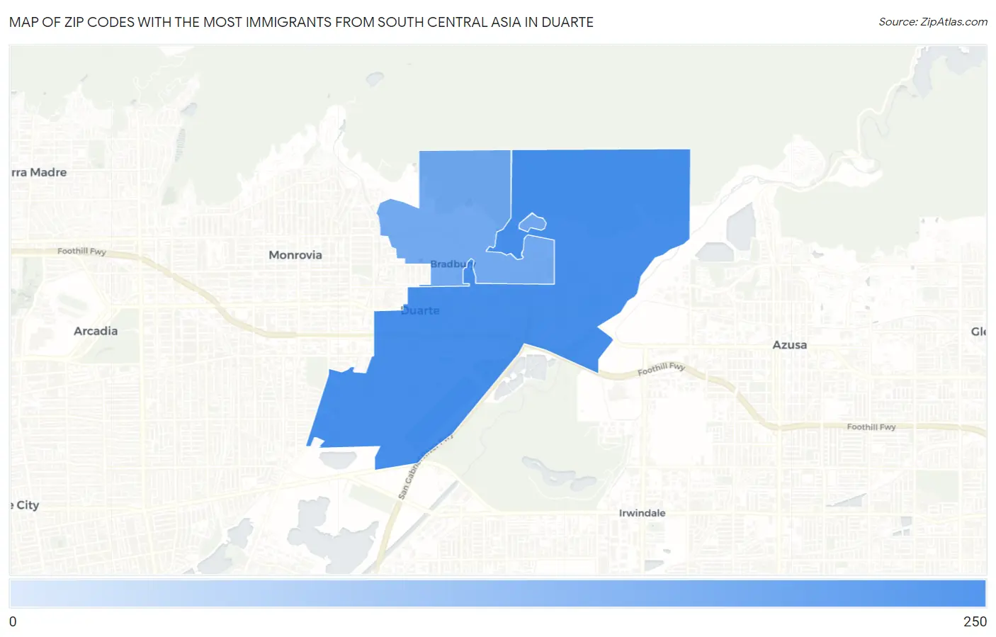 Zip Codes with the Most Immigrants from South Central Asia in Duarte Map