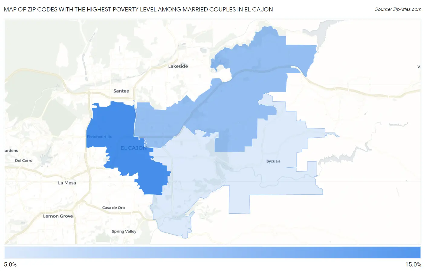 Zip Codes with the Highest Poverty Level Among Married Couples in El Cajon Map