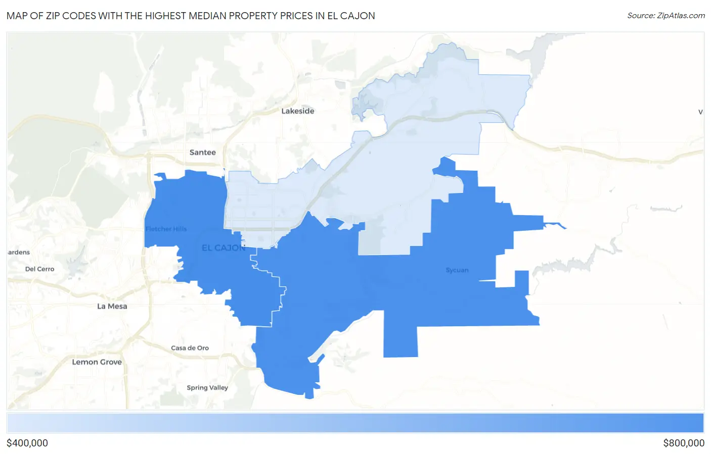 Zip Codes with the Highest Median Property Prices in El Cajon Map