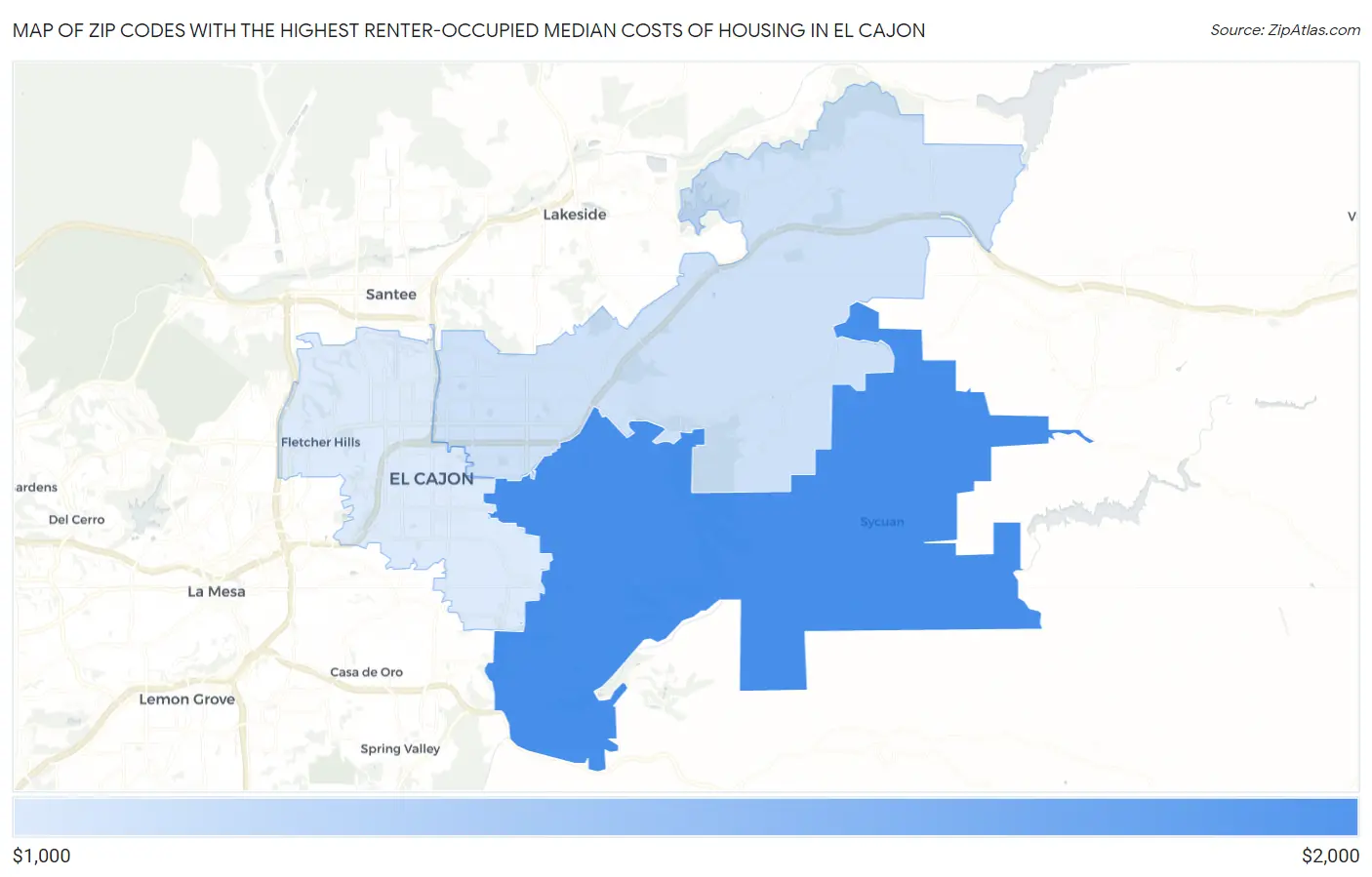 Zip Codes with the Highest Renter-Occupied Median Costs of Housing in El Cajon Map