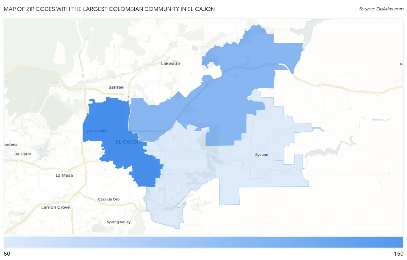 Zip Codes with the Largest Colombian Community in El Cajon Map