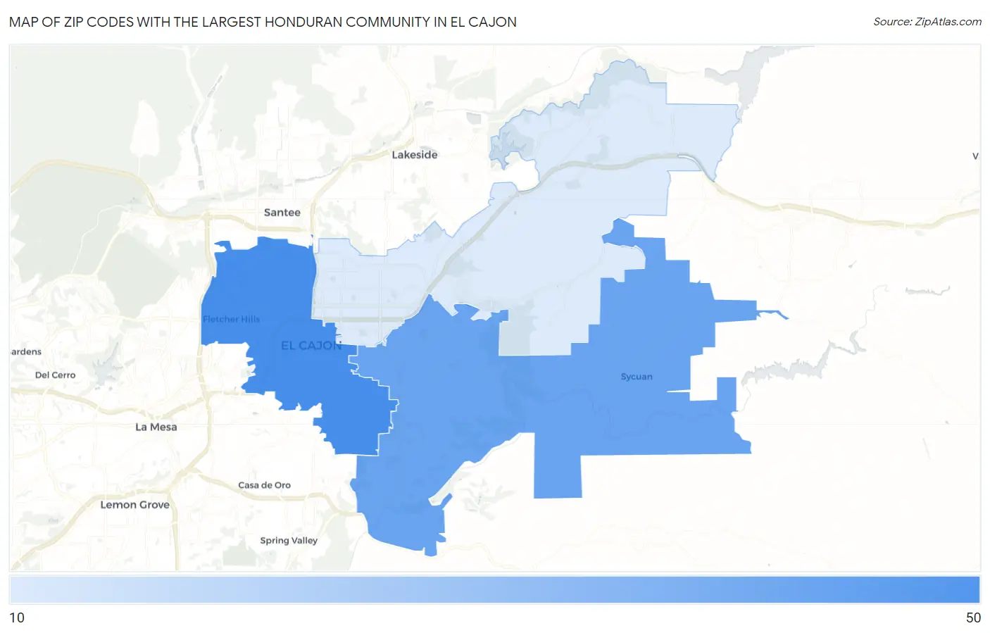 Zip Codes with the Largest Honduran Community in El Cajon Map