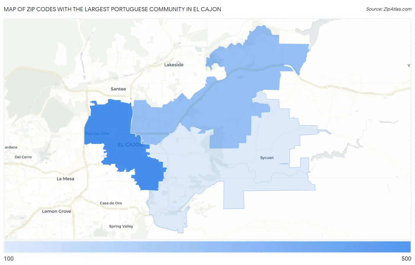 Zip Codes with the Largest Portuguese Community in El Cajon Map