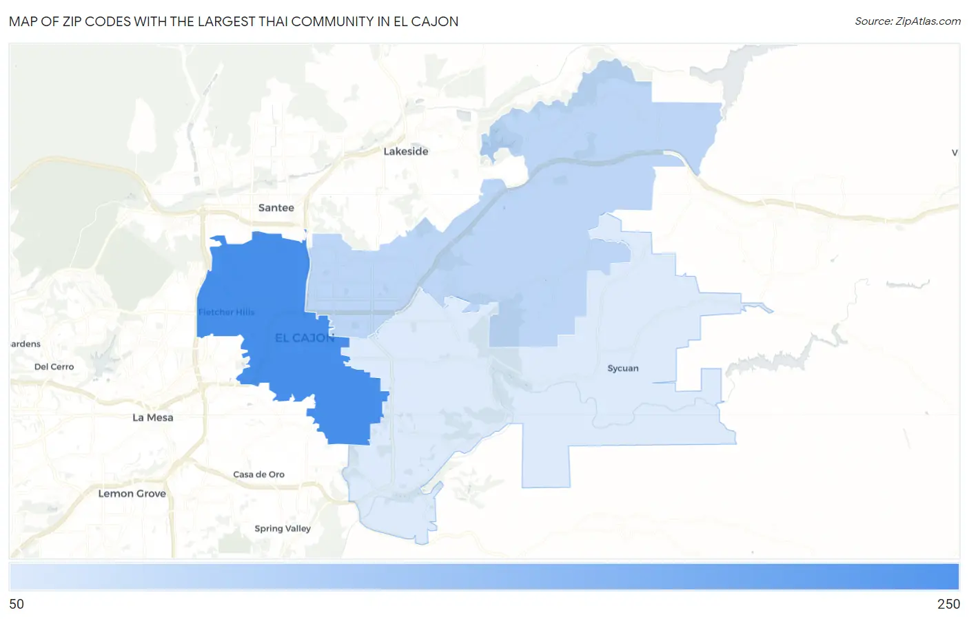 Zip Codes with the Largest Thai Community in El Cajon Map