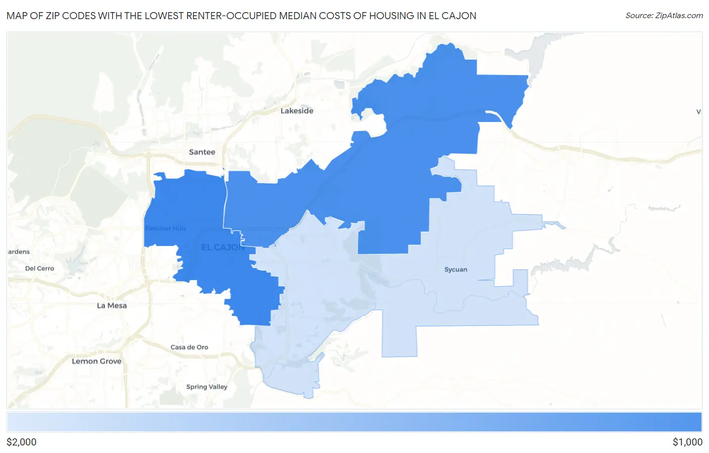 Zip Codes with the Lowest Renter-Occupied Median Costs of Housing in El Cajon Map