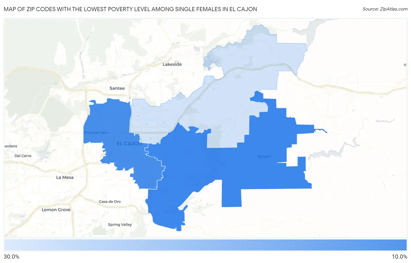 Zip Codes with the Lowest Poverty Level Among Single Females in El Cajon Map