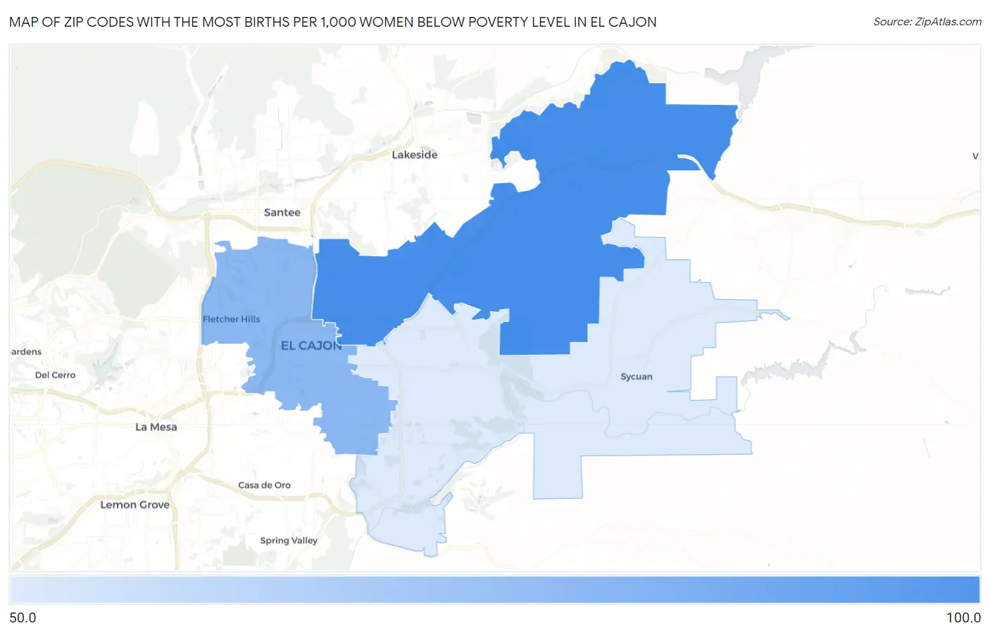 Zip Codes with the Most Births per 1,000 Women Below Poverty Level in El Cajon Map