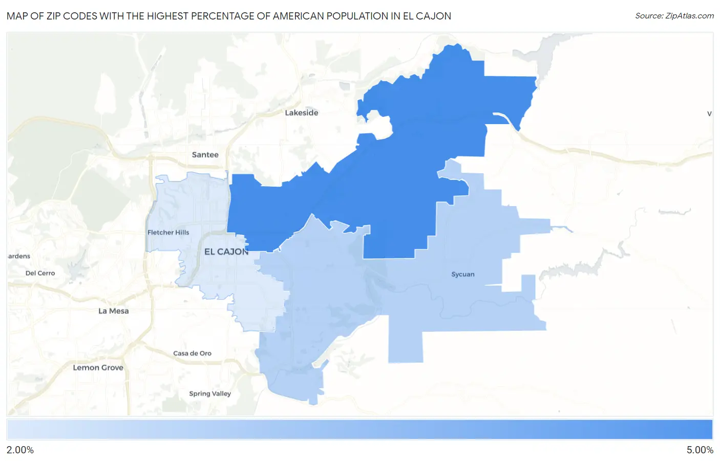 Zip Codes with the Highest Percentage of American Population in El Cajon Map