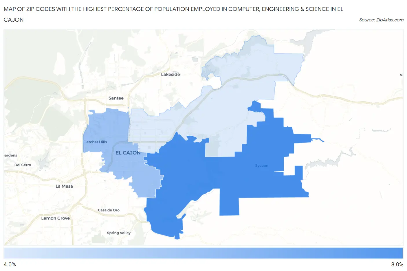 Zip Codes with the Highest Percentage of Population Employed in Computer, Engineering & Science in El Cajon Map