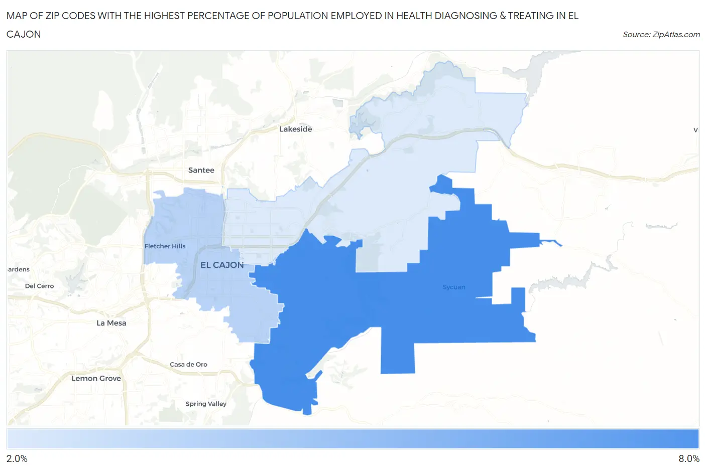 Zip Codes with the Highest Percentage of Population Employed in Health Diagnosing & Treating in El Cajon Map