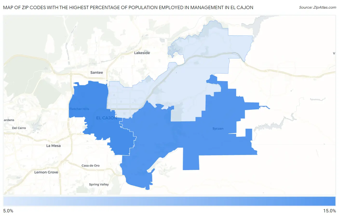 Zip Codes with the Highest Percentage of Population Employed in Management in El Cajon Map