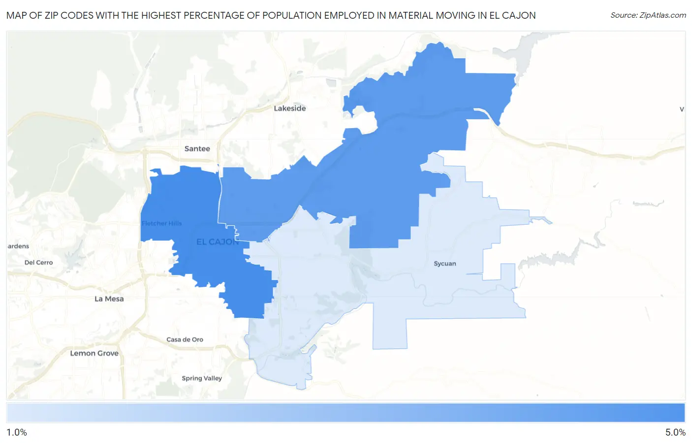 Zip Codes with the Highest Percentage of Population Employed in Material Moving in El Cajon Map