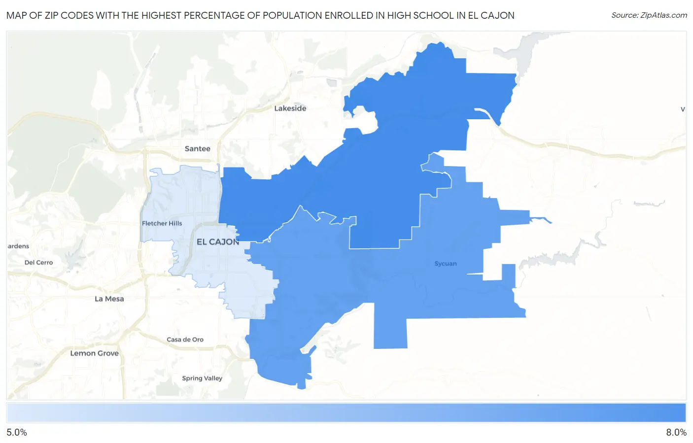 Zip Codes with the Highest Percentage of Population Enrolled in High School in El Cajon Map