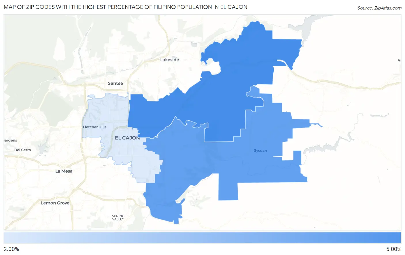 Zip Codes with the Highest Percentage of Filipino Population in El Cajon Map