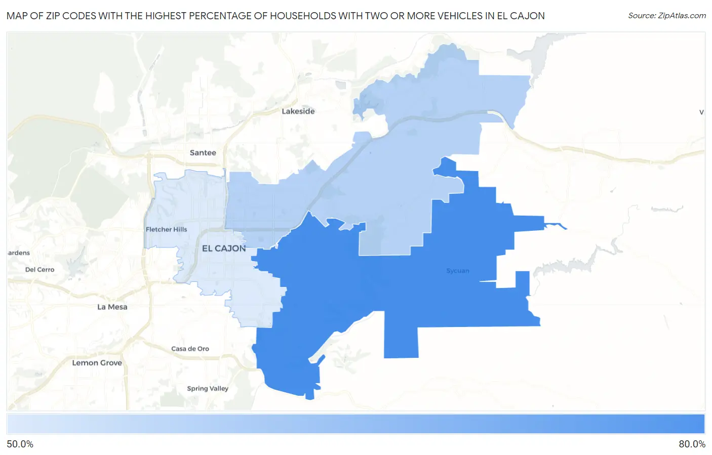 Zip Codes with the Highest Percentage of Households With Two or more Vehicles in El Cajon Map