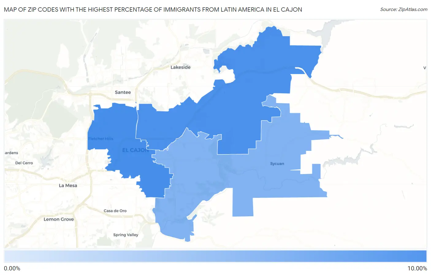 Zip Codes with the Highest Percentage of Immigrants from Latin America in El Cajon Map