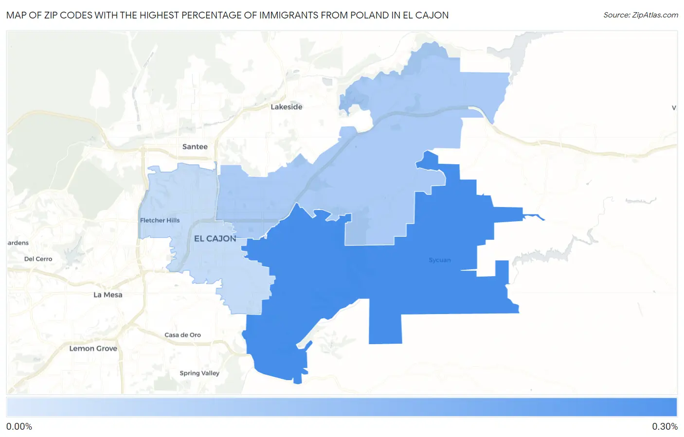 Zip Codes with the Highest Percentage of Immigrants from Poland in El Cajon Map