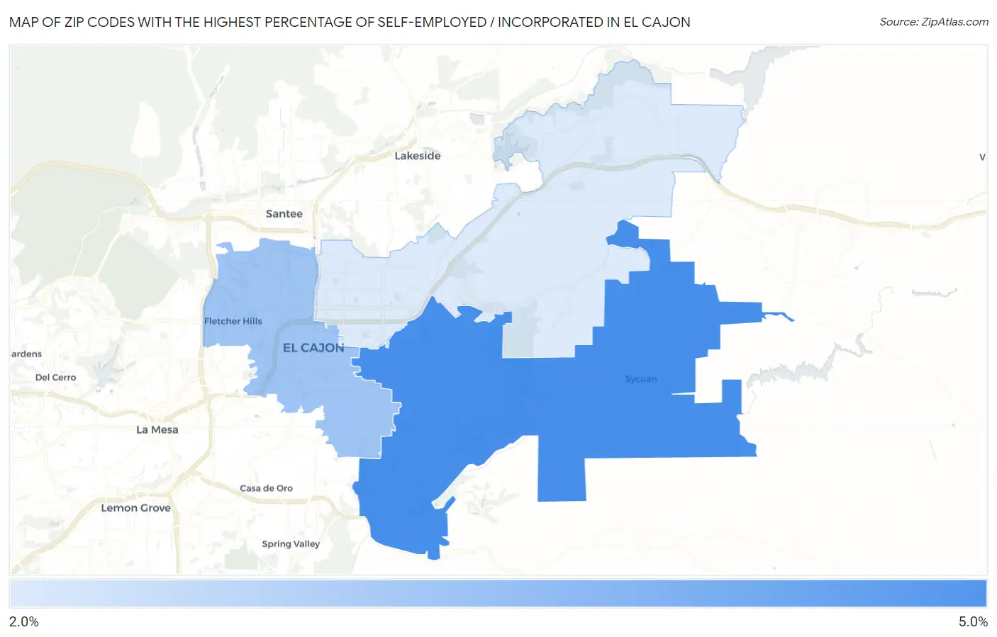 Zip Codes with the Highest Percentage of Self-Employed / Incorporated in El Cajon Map