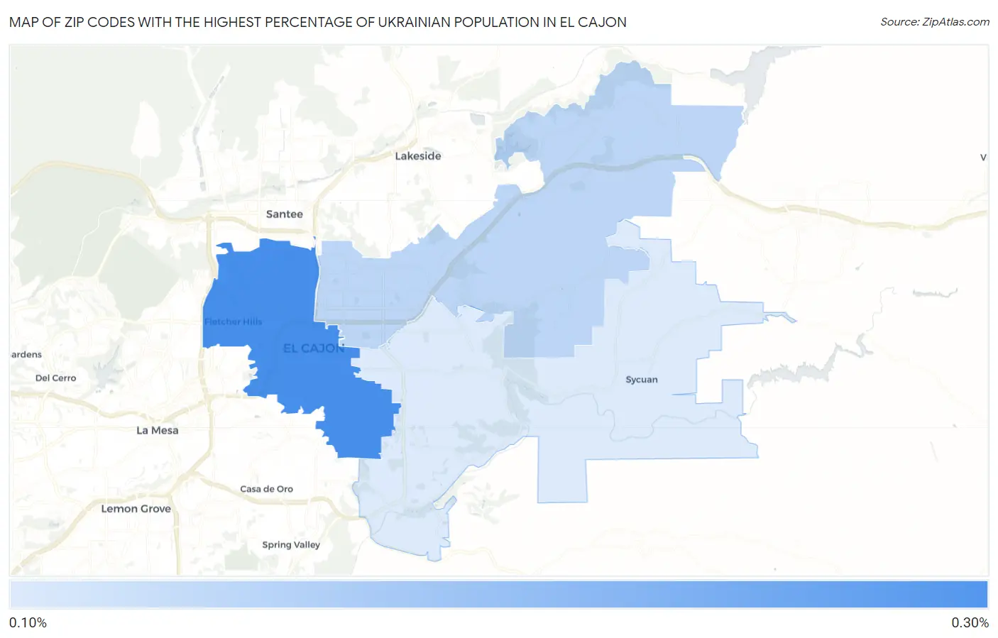 Zip Codes with the Highest Percentage of Ukrainian Population in El Cajon Map