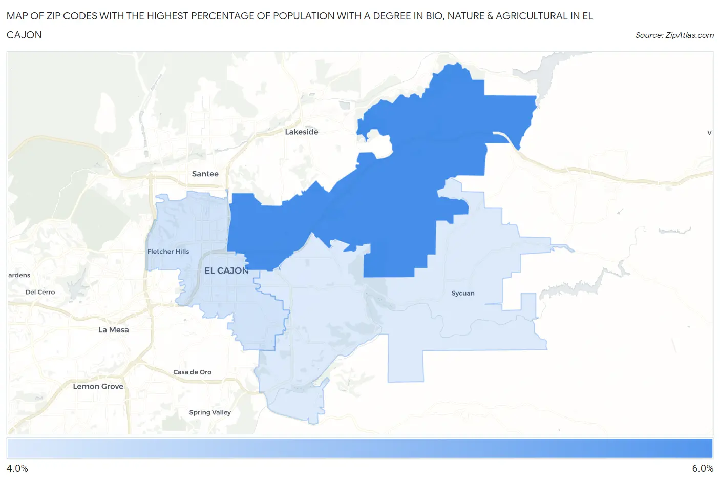 Zip Codes with the Highest Percentage of Population with a Degree in Bio, Nature & Agricultural in El Cajon Map