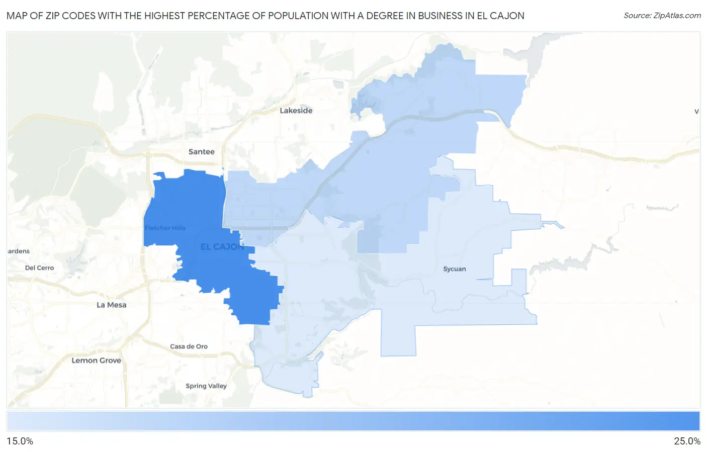 Zip Codes with the Highest Percentage of Population with a Degree in Business in El Cajon Map