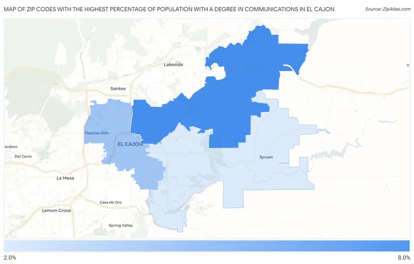 Zip Codes with the Highest Percentage of Population with a Degree in Communications in El Cajon Map