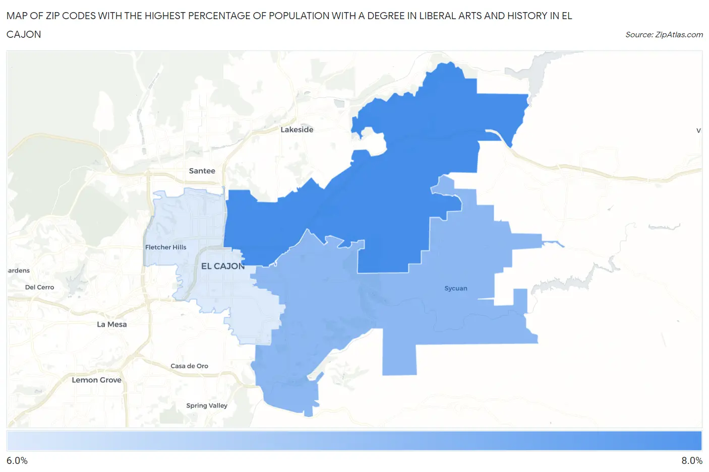 Zip Codes with the Highest Percentage of Population with a Degree in Liberal Arts and History in El Cajon Map