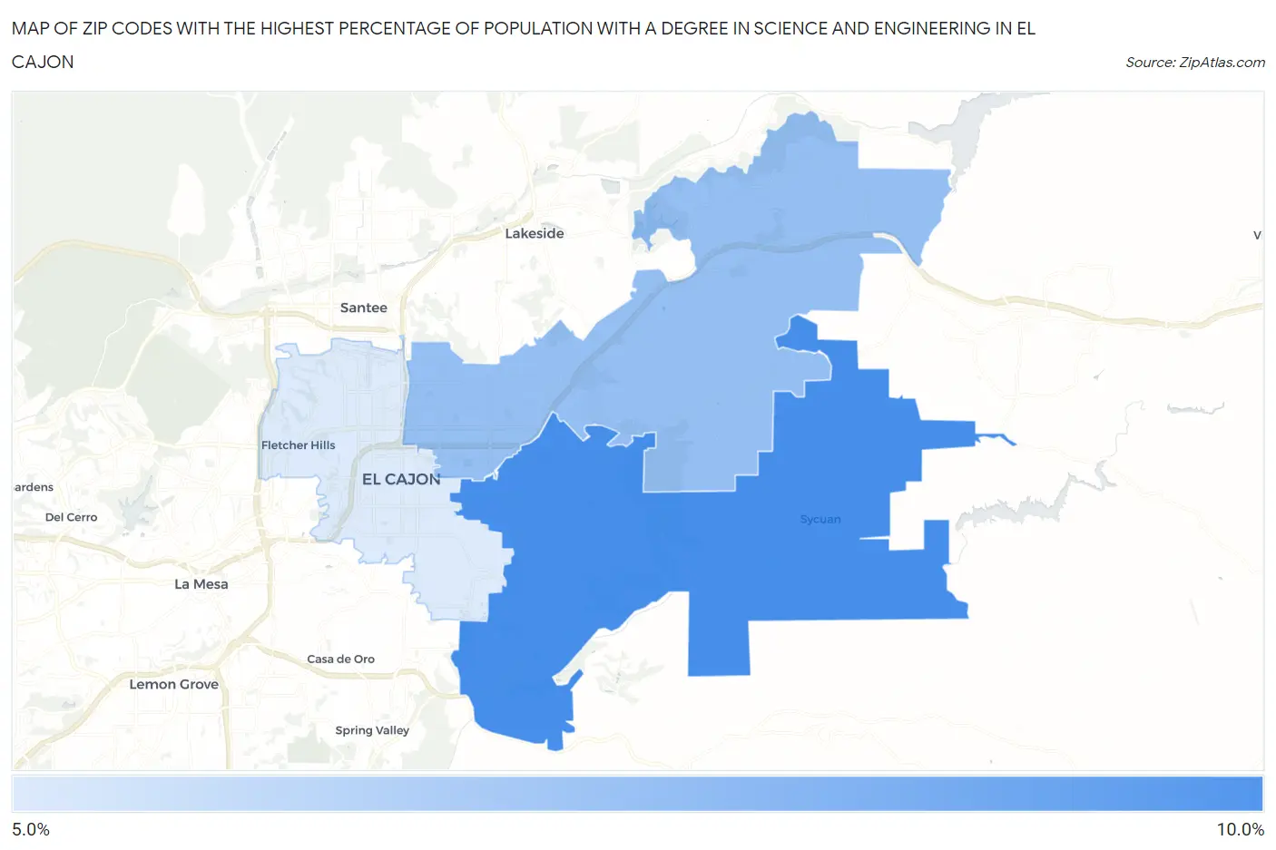 Zip Codes with the Highest Percentage of Population with a Degree in Science and Engineering in El Cajon Map