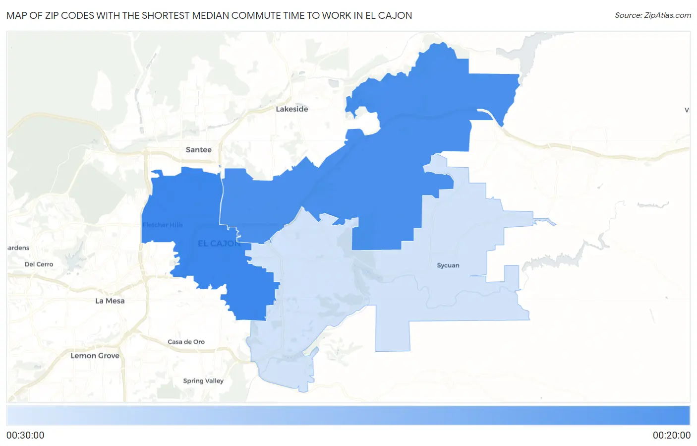 Zip Codes with the Shortest Median Commute Time to Work in El Cajon Map