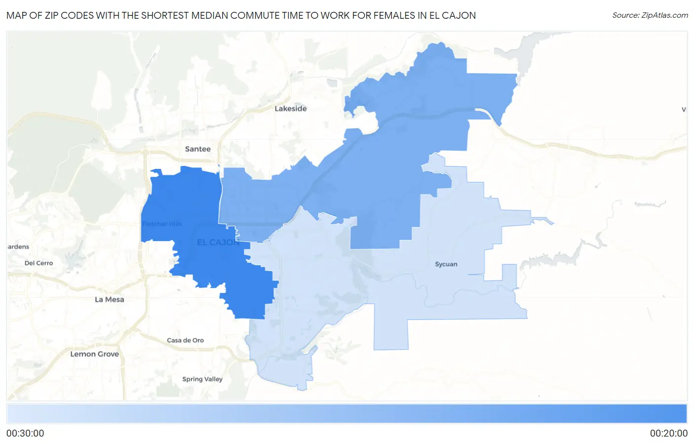 Zip Codes with the Shortest Median Commute Time to Work for Females in El Cajon Map