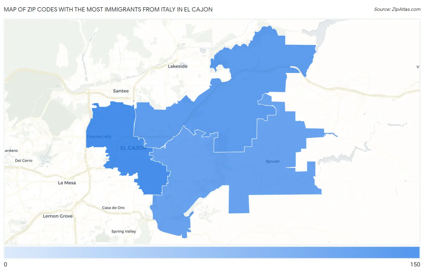 Zip Codes with the Most Immigrants from Italy in El Cajon Map