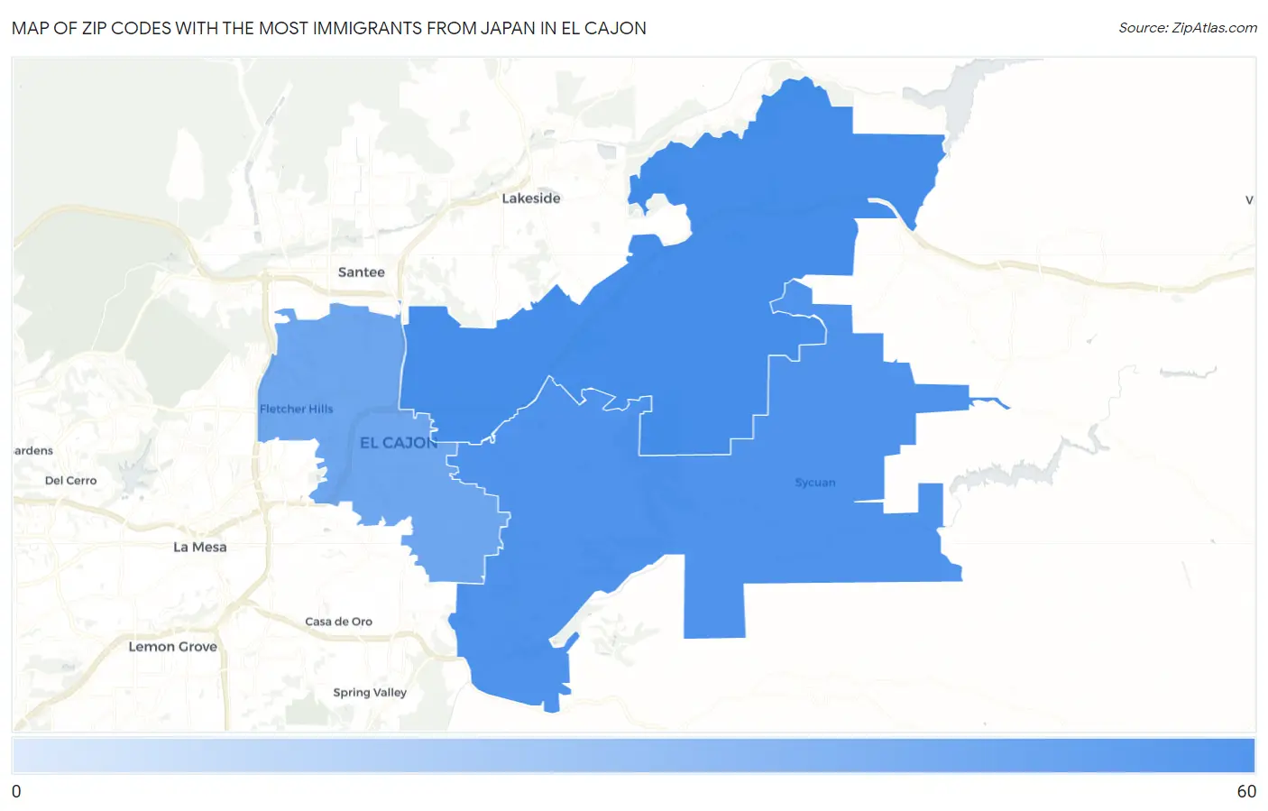 Zip Codes with the Most Immigrants from Japan in El Cajon Map